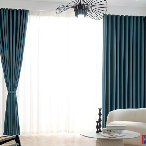 Rèm vải nhập khẩu Á Châu màu xanh đậm
